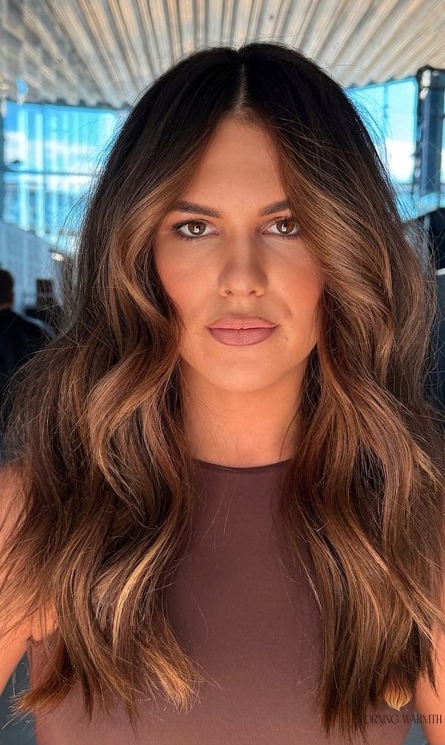Brunette Balayage with Face-Framing Curtain Bangs