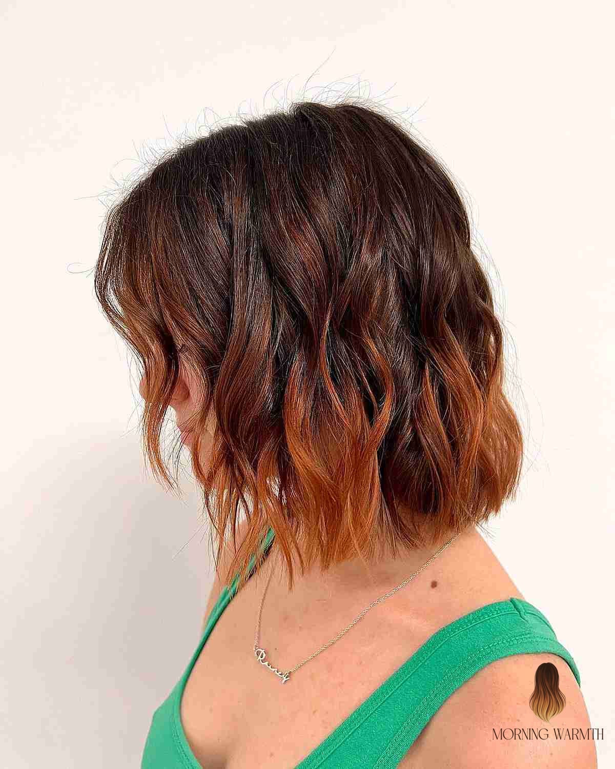 30 Copper Balayage Ideas You Need to Try Next 21 Dark Brunette Bob with Bright Copper Ends
