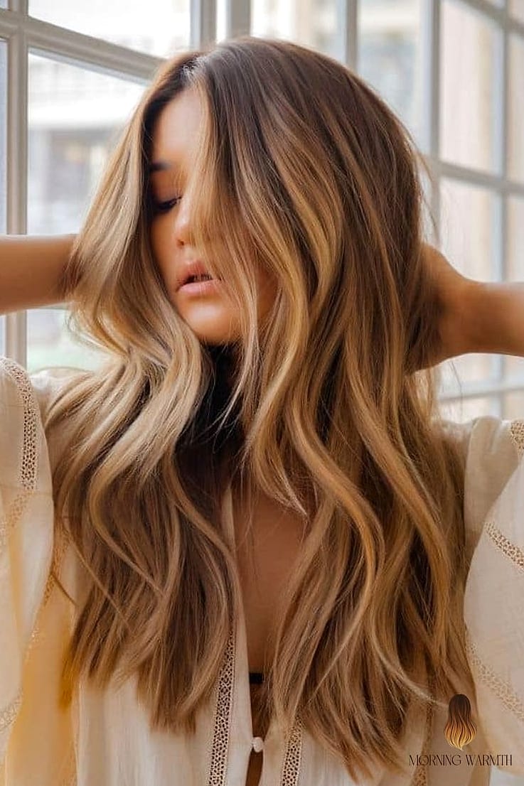 Honey Brown Balayage with Subtle Blonde Panels