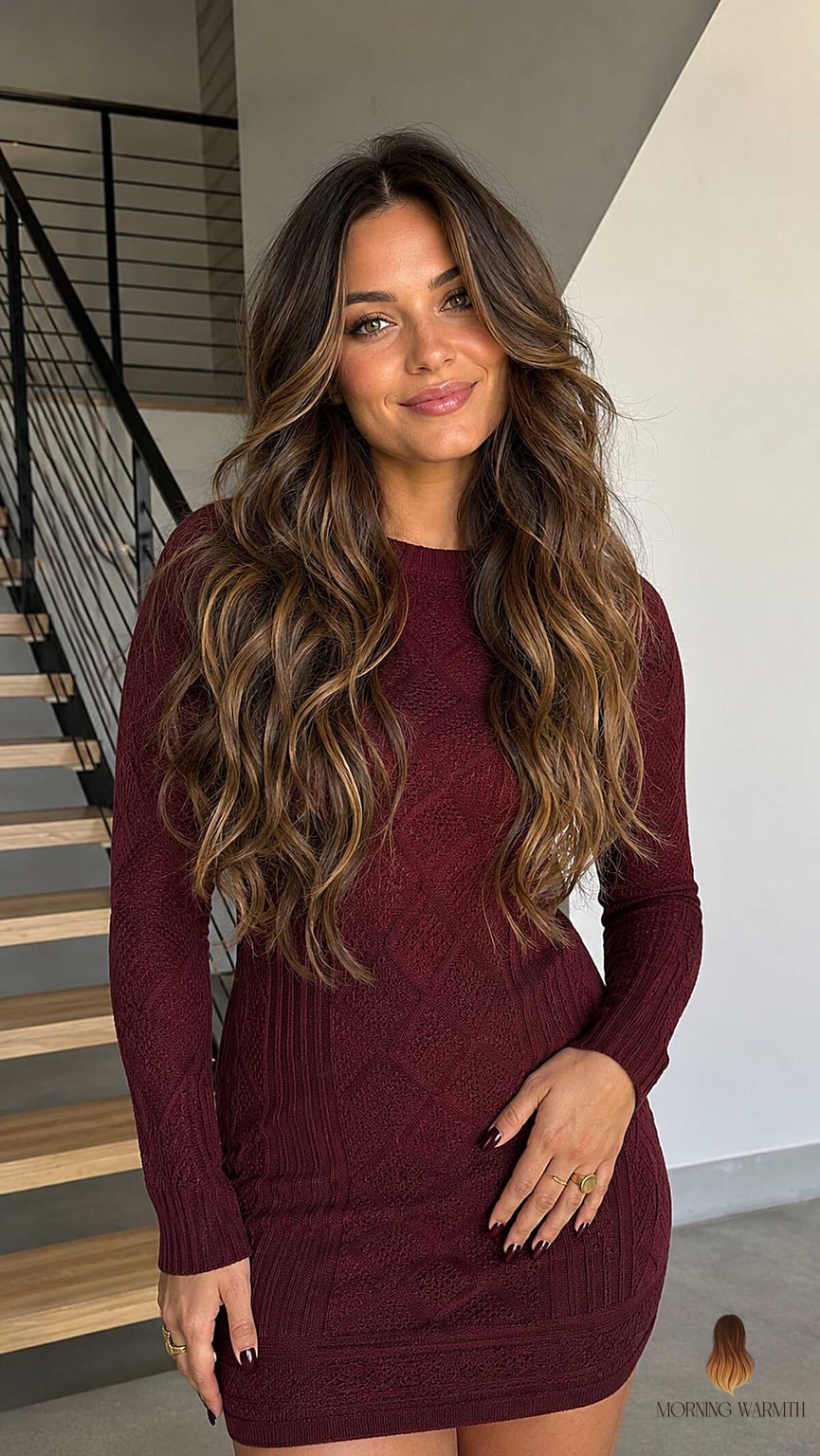 20 Caramel Balayage Ideas That Are Breathtakingly Beautiful 1 Long Caramel Pieces Concentrated at the Ends on Dark Brunette Waves