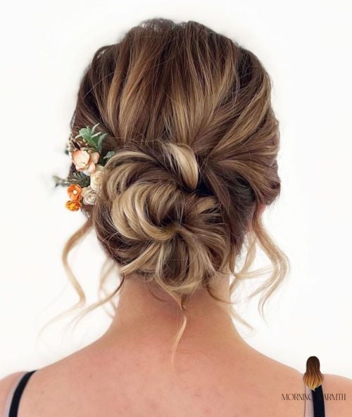 23 Hair Color Ideas For Brunettes Inspo Ideas Worth Pinning Immediately 11 Low Knot with a Flower Piece