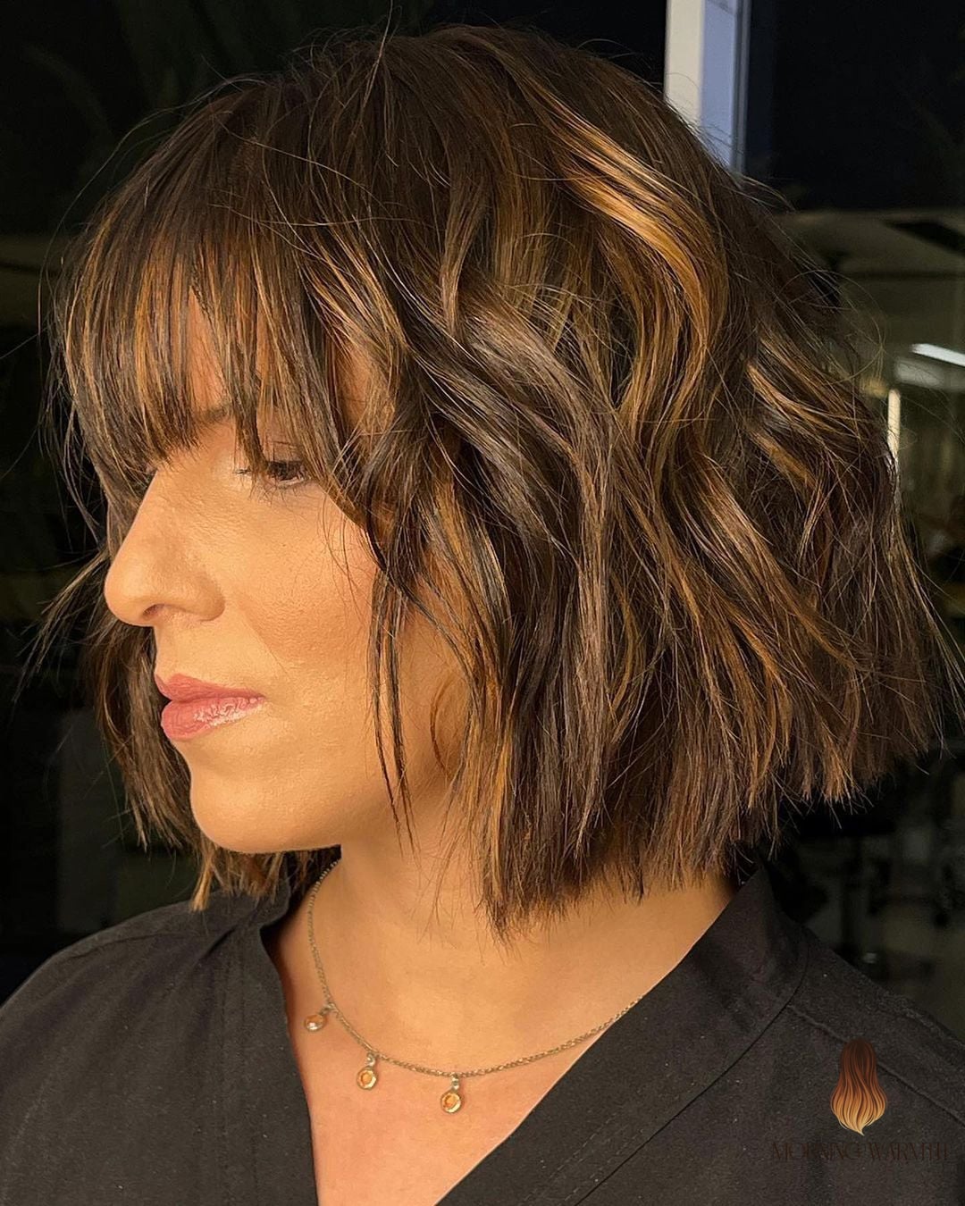 30 Dark Caramel Balayage Ideas You Need to Try Next 13 Messy Caramel Brown Bob with Bangs