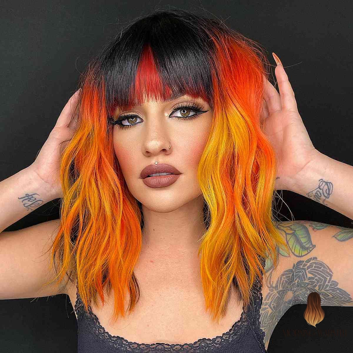 30 Summer Hair Color Ideas You Need to Try Next 8 Orange and Yellow Hair with Black Bangs