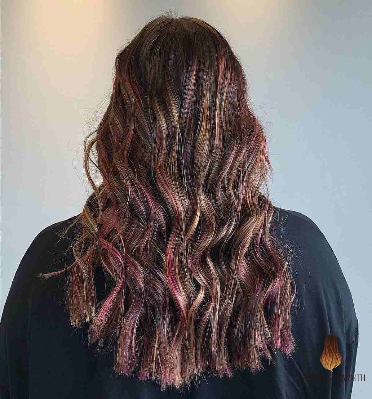 23 Hair Color Ideas For Brunettes Inspo Ideas Worth Pinning Immediately 8 Pink and Bronze Highlights on Dark Hair