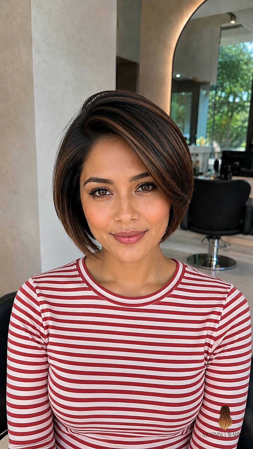 22 Black Hair Balayage Ideas Worth Bookmarking Right Now 9 The Polished Chocolate Bob with Caramel Peek-a-Boos