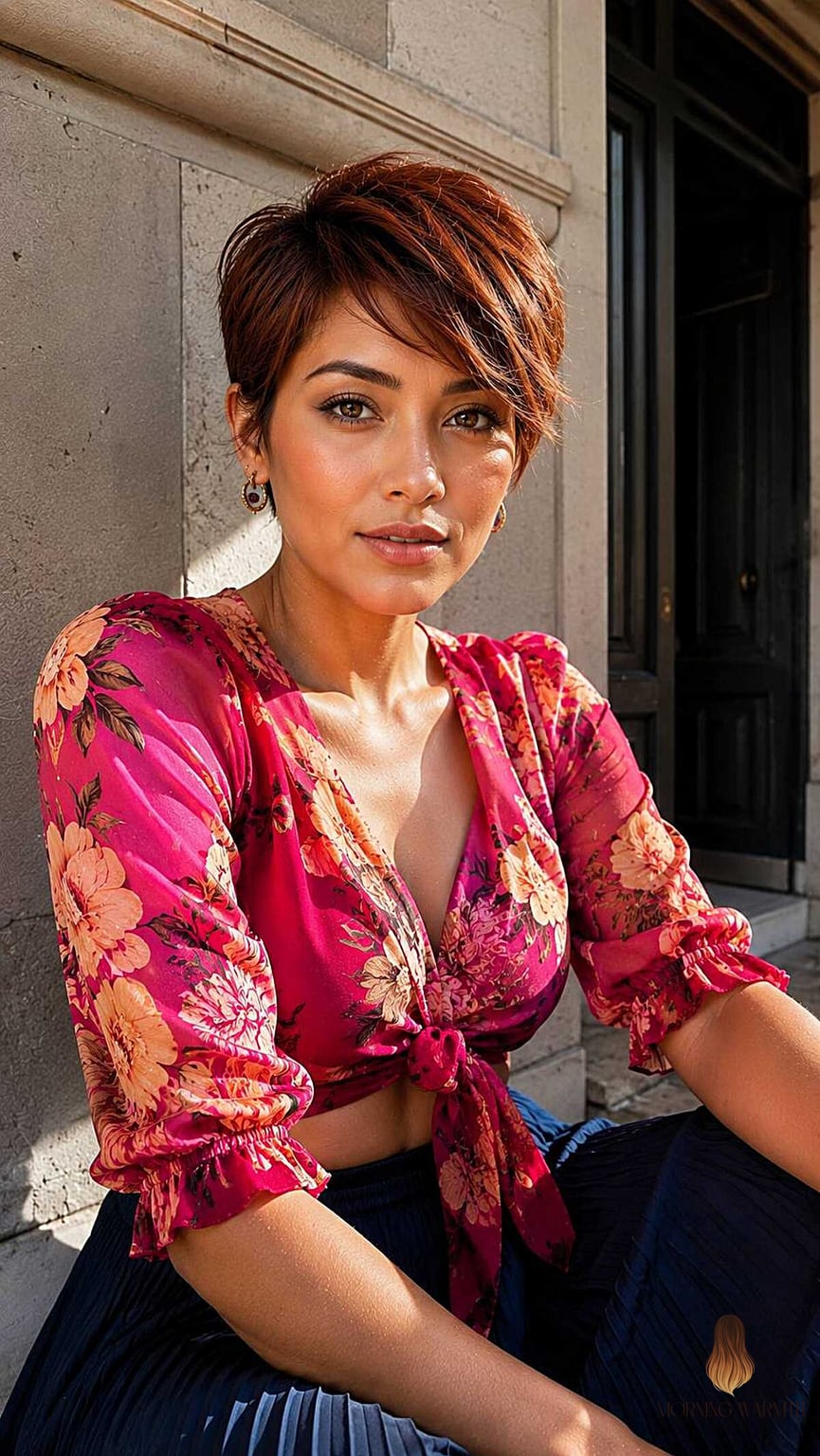 22 Black Hair Balayage Ideas Worth Bookmarking Right Now 15 The Sun-Kissed Pixie with Auburn Glow
