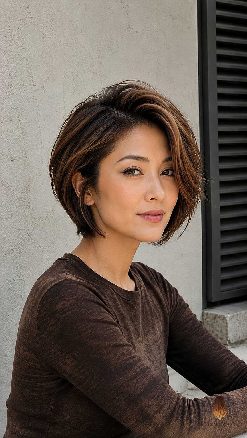 22 Black Hair Balayage Ideas Worth Bookmarking Right Now 16 The Warm-Toned Textured Bob with Copper Ribbons