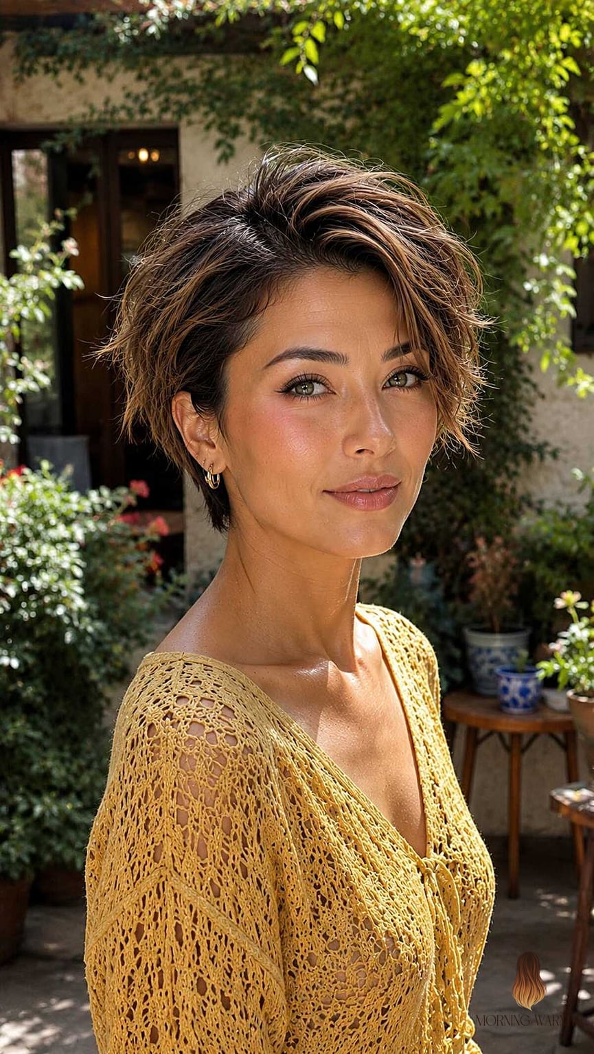 The Windswept Brunette Pixie with Sun Streaks