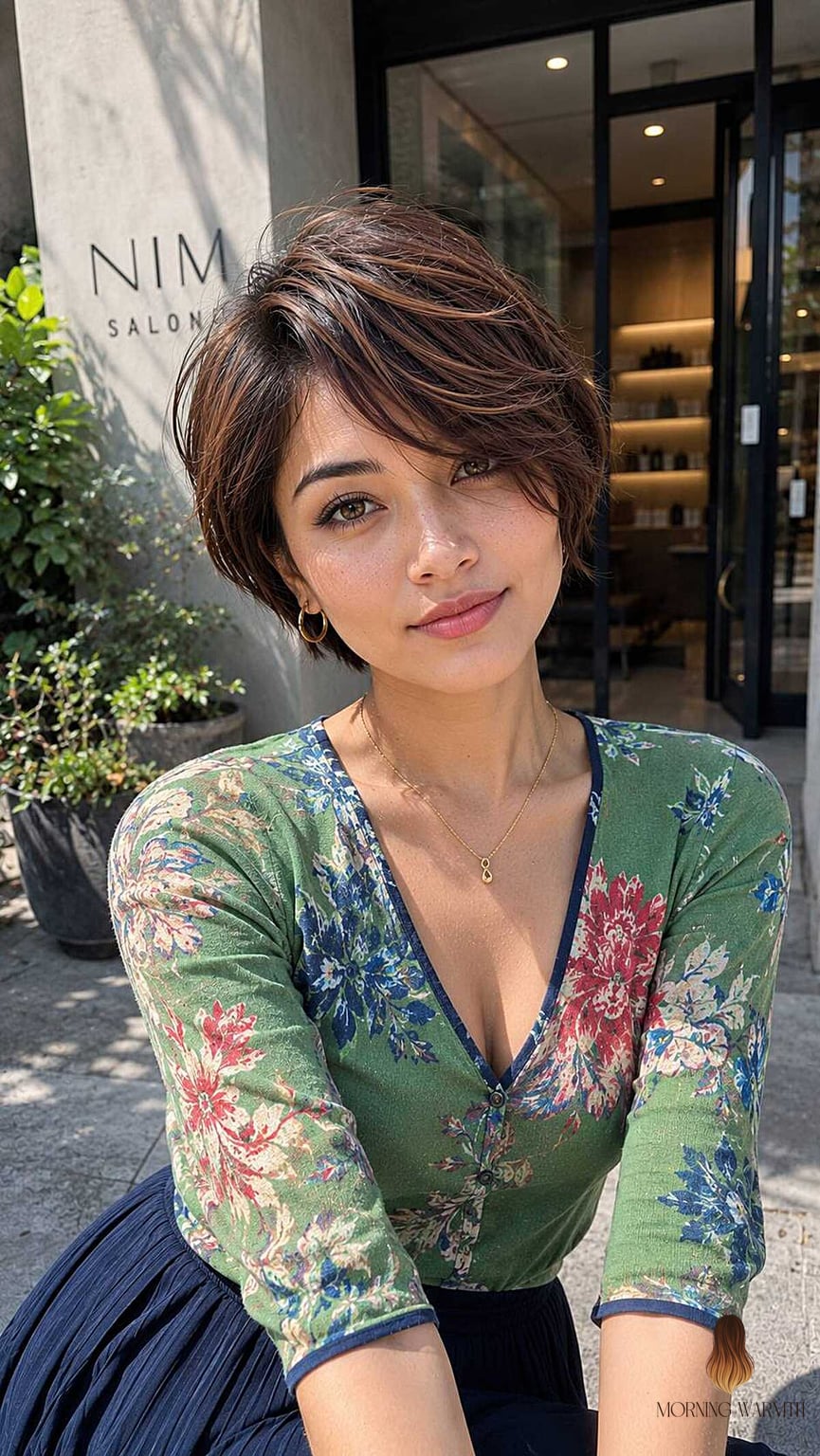 The Wispy Brunette Pixie with Feathered Bangs